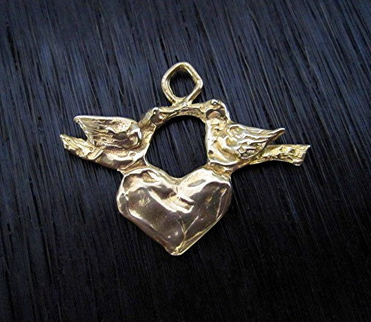 Artisan Gold Bronze Love Bird Heart Charm and Pendant (one)