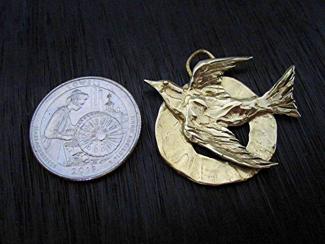 Inspirational Artisan Flying Dove & Bird Pendant in Gold Bronze (one)