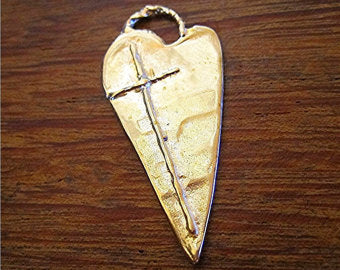 Santa Fe Style Artisan Heart Charm with Cross in Gold Bronze (one) (X)