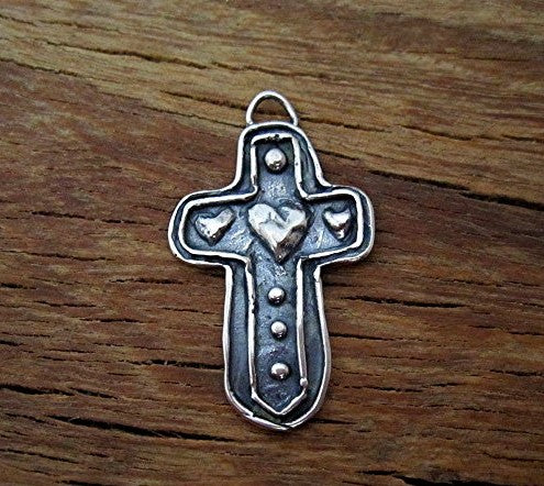 Sterling Silver Artisan Heart Accented Cross Charm and Pendant (one)