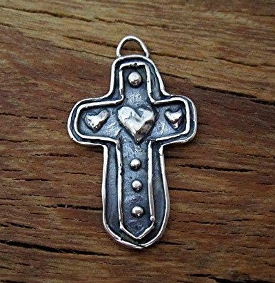 Sterling Silver Artisan Heart Accented Cross Charm and Pendant (one)