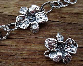 Detailed Artisan Flower Chain Link and Earring Charm in Sterling Silver (one charm)