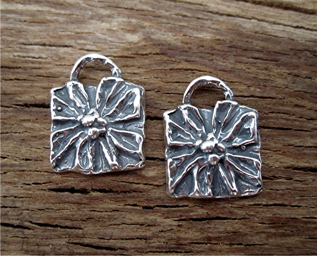 ONE Artisan Square Flower Earring Charm and Pendant in Sterling Silver (one charm)