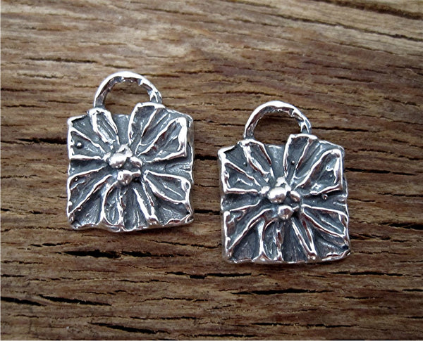 ONE Artisan Square Flower Earring Charm and Pendant in Sterling Silver (one charm)