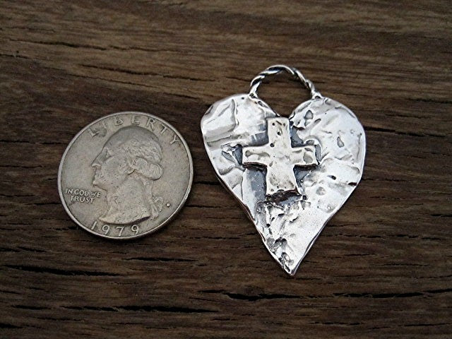 Rustic Large Artisan Heart Pendant with Cross in Sterling Silver (one) (X)