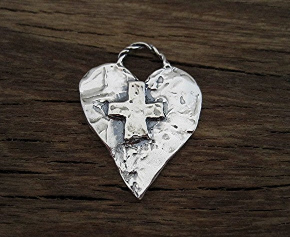 Rustic Large Artisan Heart Pendant with Cross in Sterling Silver (one) (X)