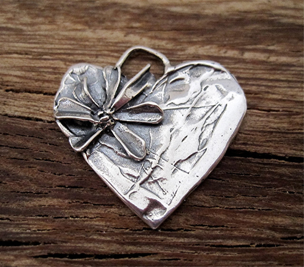 Rustic Artisan Heart Pendant and Charm in Sterling Silver (one) (X)