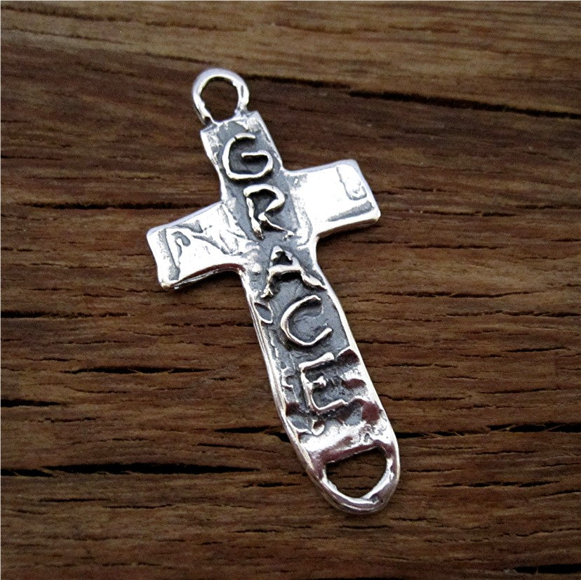 Sterling Silver Cross Bracelet Link with Grace written on it