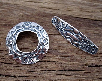 Sterling Silver Artisan Stamped Round Southwest Style Toggle Clasp (one)