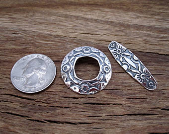 Sterling Silver Artisan Stamped Round Southwest Style Toggle Clasp (one)