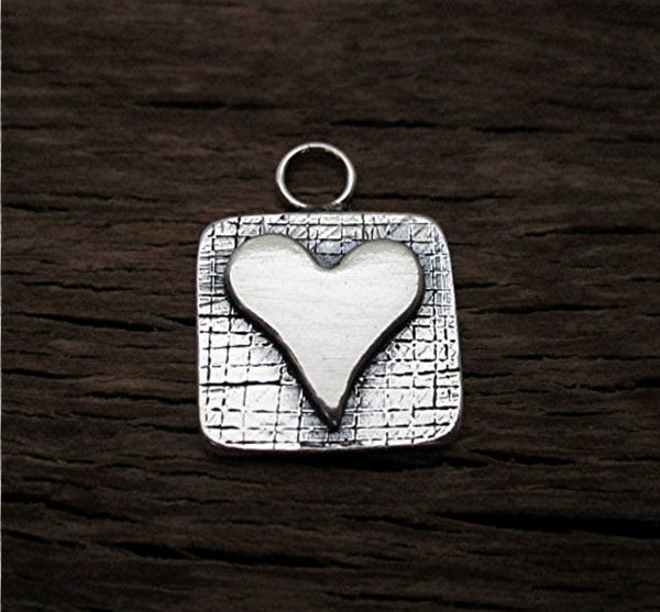 Square Artisan Heart Charm and Pendant in Sterling Silver