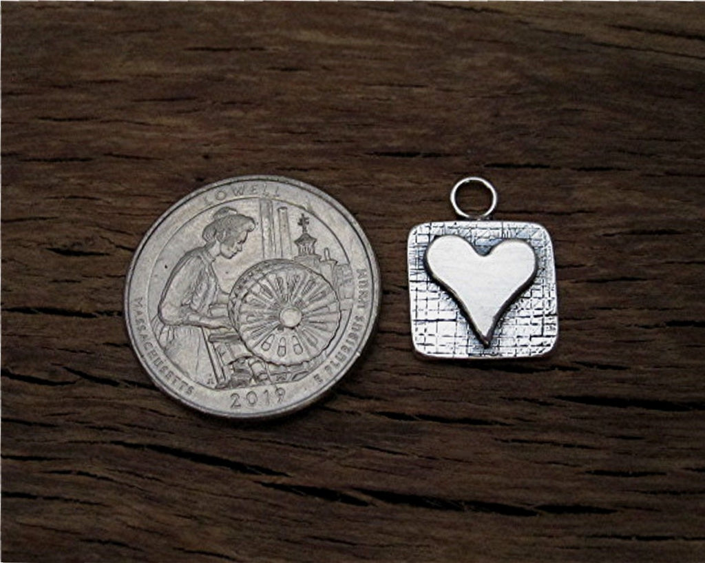 Square Artisan Heart Charm and Pendant in Sterling Silver