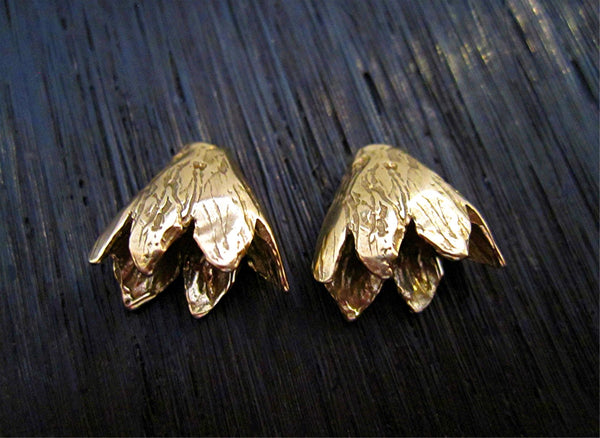 Artisan Flower Bead Cap Endings and Cones in Gold Bronze (one pair)