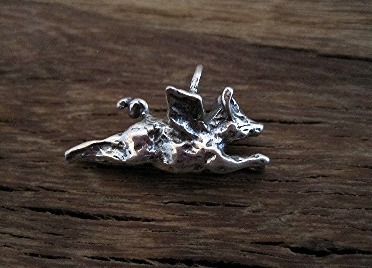 Sterling Silver Artisan Flying Leaping Angel Pig Charm and Pendant