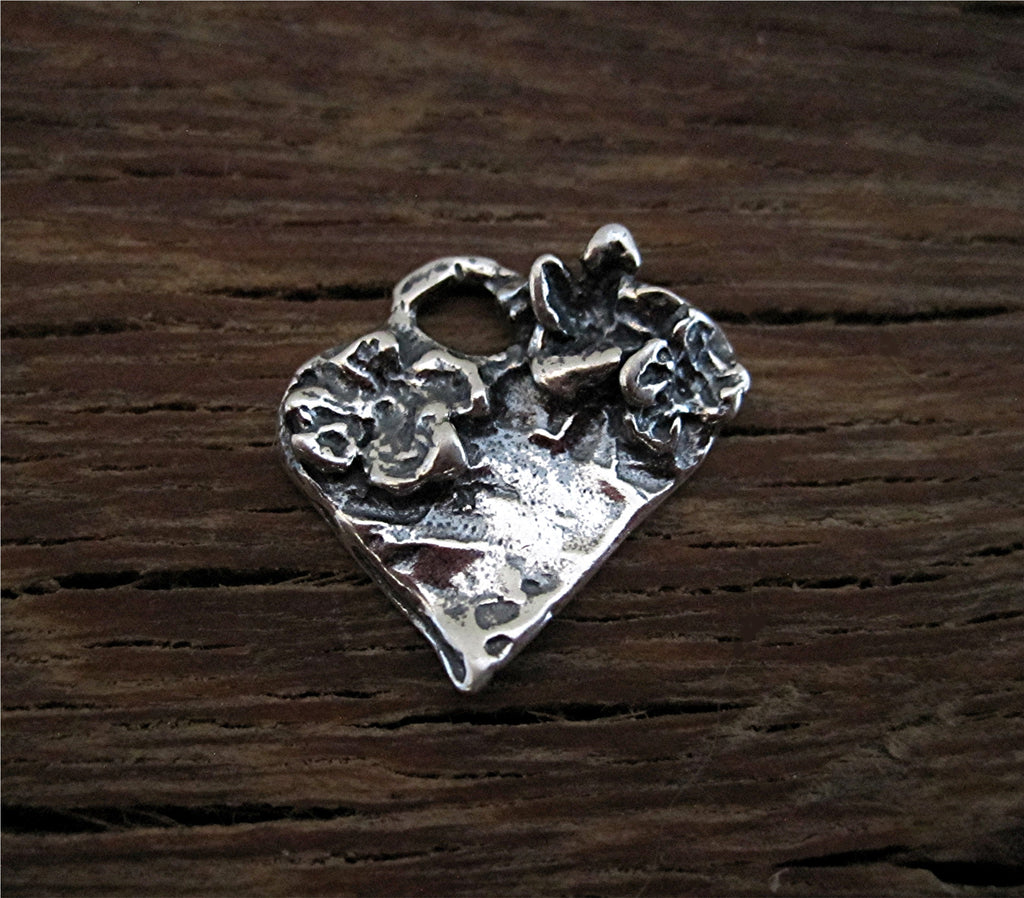 Sterling Silver Artisan Heart with Flowers Charm and Pendant