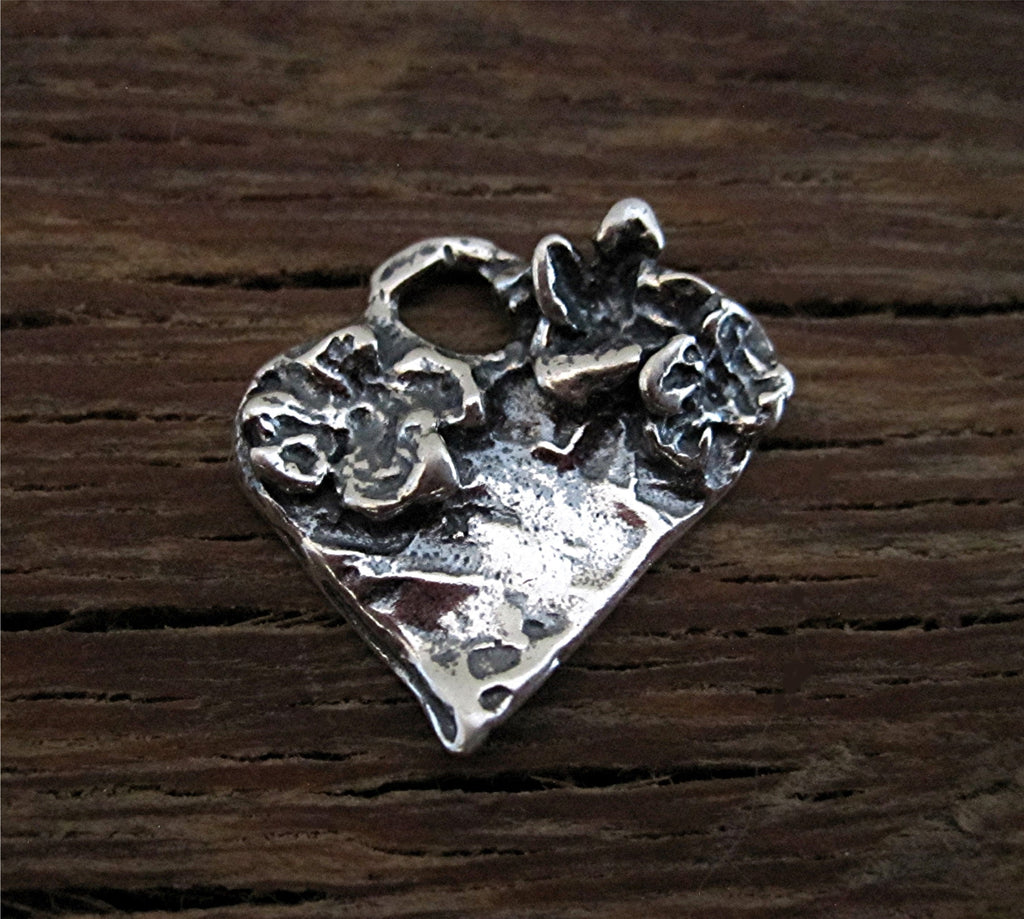 Sterling Silver Artisan Heart with Flowers Charm and Pendant