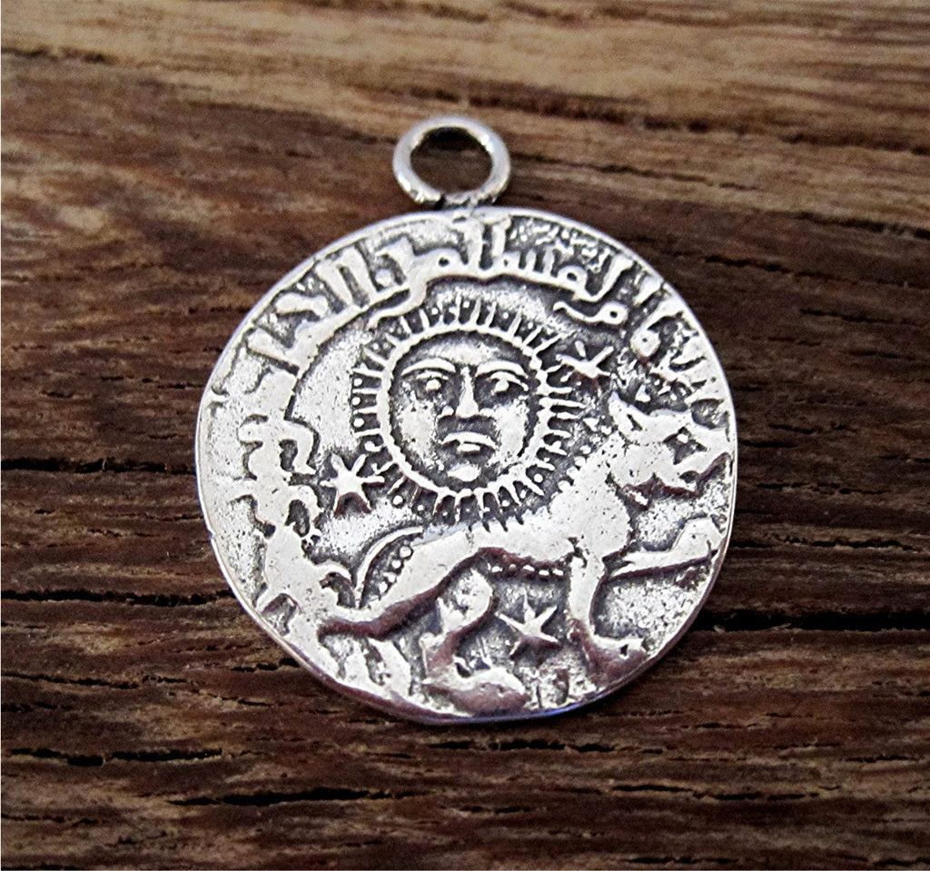 Sun and Lion Coin Pendant and Charm in Sterling Silver (one)