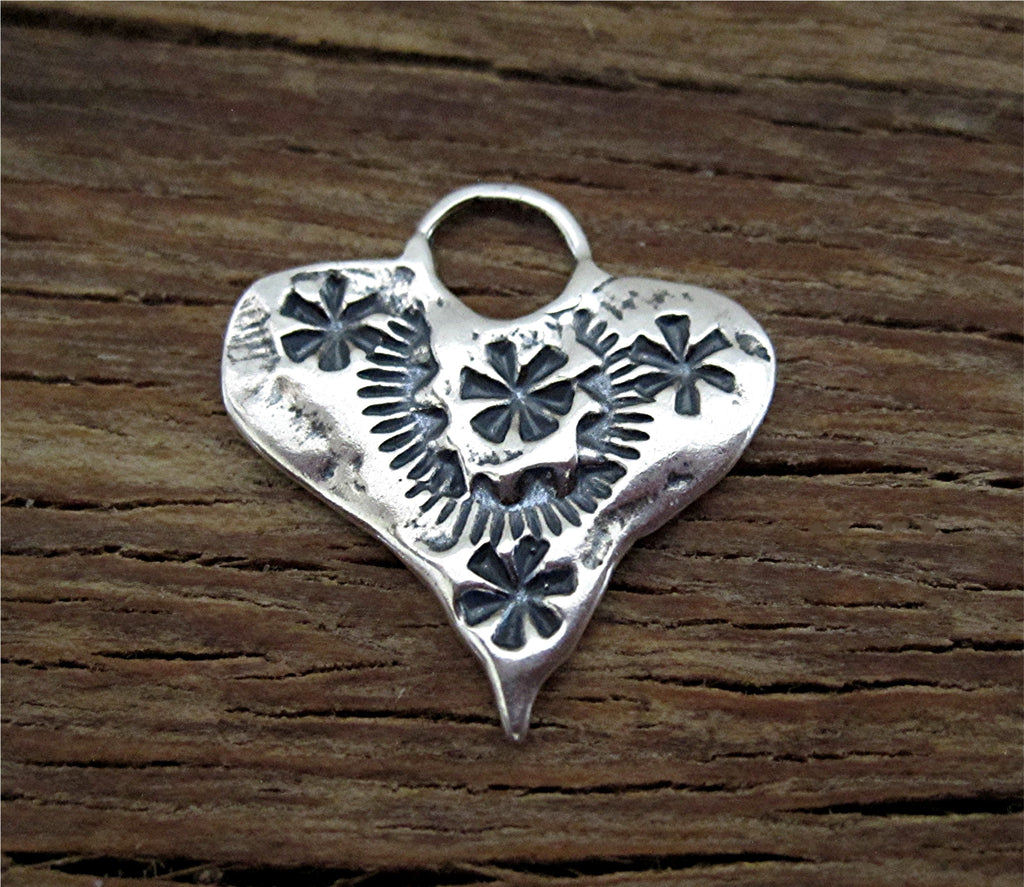 Stamped Artisan Sterling Silver Heart Charm and Pendant (one)