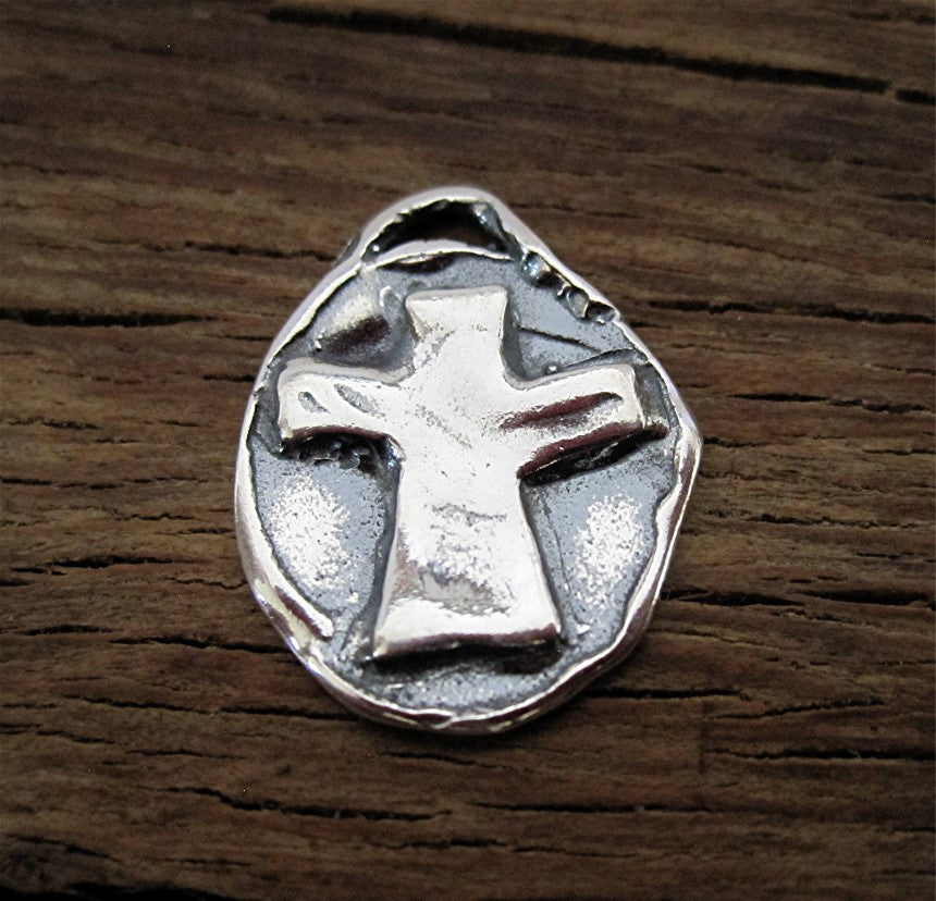 Rustic Artisan Oval Cross Charm and Pendant in Sterling Silver (one)