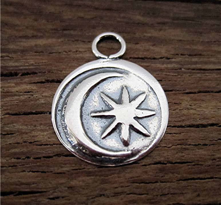 Artisan Stamped Sun and Moon Charm in Sterling Silver (one)