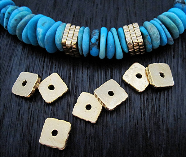 Gold Bronze Textured Square Artisan Spacer Beads (one pair)