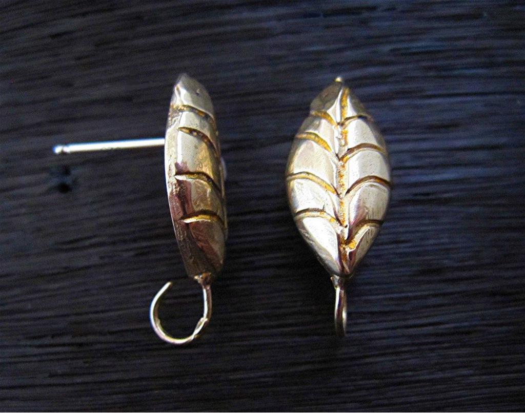 Artisan, Leaf, Handmade Earring Posts in Gold Bronze (one pair)