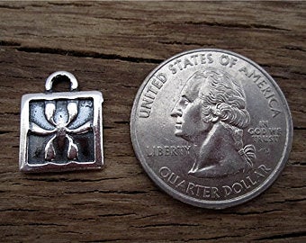 Sterling Silver Iris Flower Charm next to a Quarter