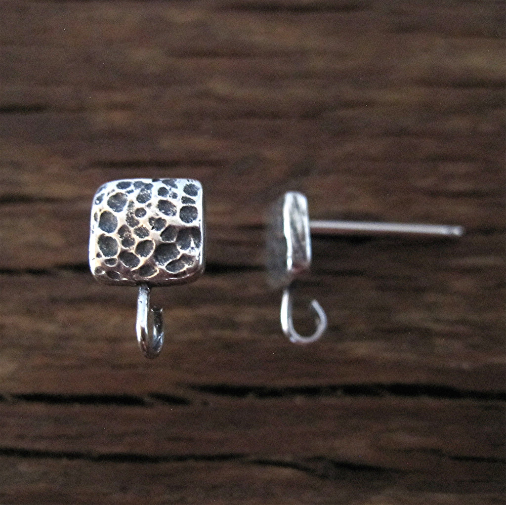 Rustic Textured Square Earring Posts in Sterling Silver (one pair)